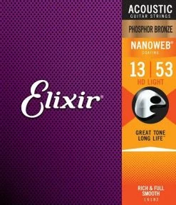 Empire Guitars Elixir 16182 Nanoweb Phosphor Bronze Acoustic Guitar Strings - HD Light (13-53) Accessories