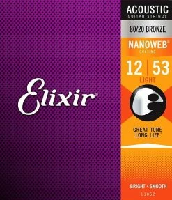 Empire Guitars Accessories Elixir 11052 80/20 Bronze Light Acoustic Guitar Strings With Nanoweb Coating 12-53